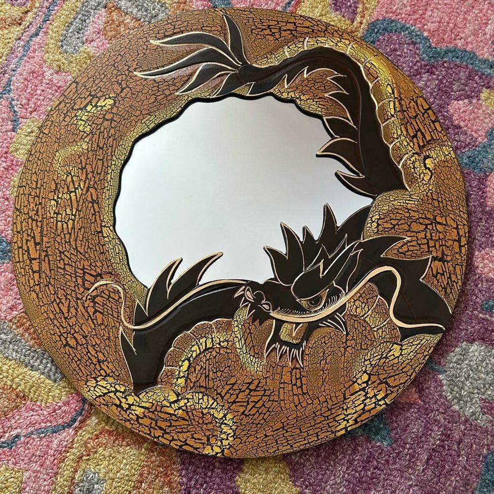 Vintage Dragon Wall Mirror Hand Carved Wood Crackle Finish 15.75” Indonesia